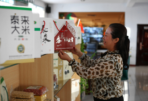 泰來縣塔子城鎮(zhèn)農(nóng)產(chǎn)品電商品牌“素食貓”的負(fù)責(zé)人胡燕萍在展示產(chǎn)品（1月10日攝）。黑龍江齊齊哈爾市泰來縣是國家級貧困縣，因?yàn)槲恢闷?、銷售渠道少、產(chǎn)品附加值低等原因，當(dāng)?shù)剞r(nóng)民守著肥沃的黑土地，種出來的糧食卻賣不上好價(jià)錢。2015年初，泰來縣政府組織一批縣里的農(nóng)民去外地參觀農(nóng)產(chǎn)品電商基地，這次旅程讓從事糧食購銷20多年的泰來縣塔子城鎮(zhèn)村民胡燕萍大受啟發(fā)：原來農(nóng)產(chǎn)品還可以這么賣！經(jīng)過一番籌備，2015年5月，胡燕萍經(jīng)營的塔子城鎮(zhèn)第一家自主品牌的農(nóng)產(chǎn)品旗艦店“素食貓”在天貓上線了，主營本地的大米和雜糧?！伴_始時(shí)，因?yàn)槠放浦炔粔?，推廣成本高，前4個(gè)多月虧了60萬?！焙嗥颊f。但度過最初的難關(guān)后，互聯(lián)網(wǎng)的優(yōu)勢逐漸顯現(xiàn)——截至今年年初，這個(gè)扎根黑龍江小鎮(zhèn)的農(nóng)產(chǎn)品電商企業(yè)，在不到一年的時(shí)間里共接到約10萬份訂單，銷售額已達(dá)400萬元。“我們的店鋪在天貓同行業(yè)里最高時(shí)排到15名?！焙嗥甲院赖卣f。由于銷售前景看好，胡燕萍和鎮(zhèn)里的種田大戶做起了訂單農(nóng)業(yè)：農(nóng)民按電商公司的計(jì)劃種糧，公司承諾以高于市場的價(jià)格全部收購。村里40多位村民成為這家電商企業(yè)的員工，一些因?yàn)椤皶?huì)打字、會(huì)玩微信”的青年，坐進(jìn)企業(yè)的辦公室，成為銷售專員和客服專員。胡燕萍的“素食貓”只是通過電商走出“北大荒”的農(nóng)產(chǎn)品品牌之一。2015年初，齊齊哈爾市就提出包括農(nóng)業(yè)物聯(lián)網(wǎng)、品牌龍頭企業(yè)、產(chǎn)品質(zhì)量檢測體系、現(xiàn)代化倉儲(chǔ)設(shè)施、電子營銷平臺(tái)等要素在內(nèi)的綠色有機(jī)食品產(chǎn)業(yè)發(fā)展思路。2016年1月11日，“東北黑土”農(nóng)產(chǎn)品交易平臺(tái)在齊齊哈爾上線發(fā)布。作為傳統(tǒng)農(nóng)業(yè)城市，齊齊哈爾正努力推動(dòng)更多“北大荒”的農(nóng)產(chǎn)品通過互聯(lián)網(wǎng)走向全國。