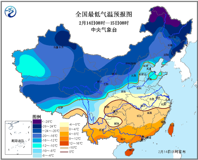 2016年2月14日至15日過程最低氣溫預(yù)報圖