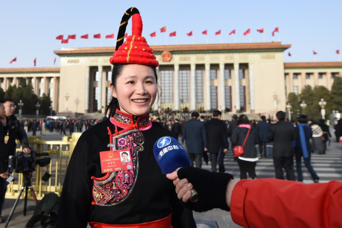 3月5日，第十二屆全國人民代表大會第四次會議在北京人民大會堂開幕。這是全國人大代表鐘雪玲接受記者采訪。新華社記者 潘昱龍 攝