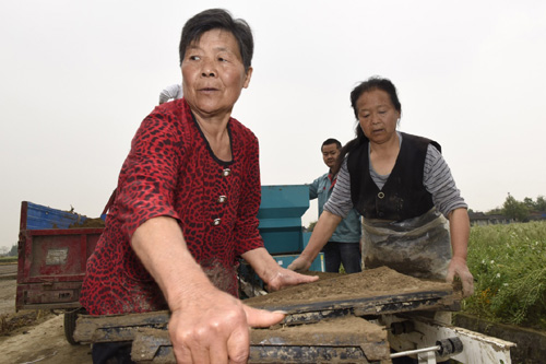 4月13日，和興鎮(zhèn)國(guó)防村的農(nóng)民在使用育秧盤(pán)培育水稻種子。